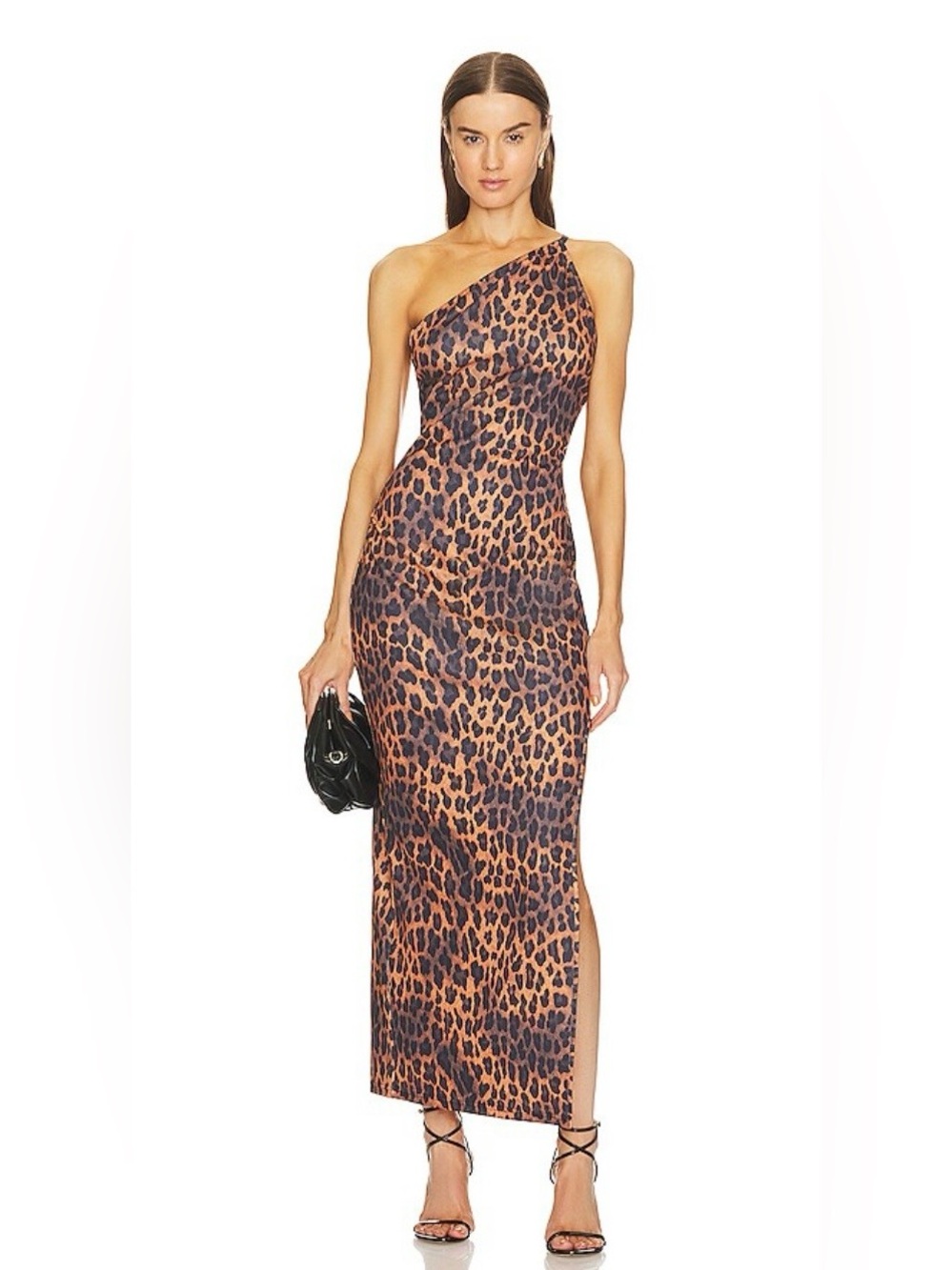 Victor Glemaud One-Shoulder Leopard Print Maxi Dress in Brown and Black